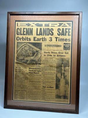 Vintage John H. Glenn Jr. Astronaut Orbits Earth Herald Examiner Framed Front Page Newspaper Article