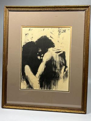 Vintage Aldo Luongo Mid Century Modern Lovers Lithograph Charcoal Framed Art Print