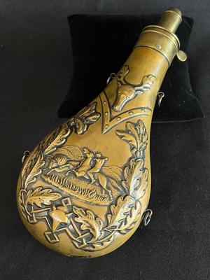 19th C Buffalo Hunt High Relief Brass Powder Flask
