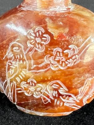 Carved Inscribed Agate Snuff Bottle w Bird Scenes