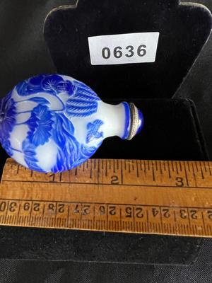 Blue White Carved Peking Glass Figural Garden Scene Signed