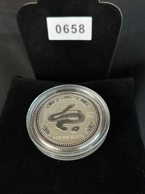 2001 Australian Lunar Year of the Snake 2 Oz 999 Silver Coin