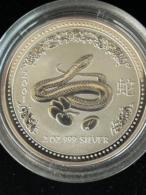 2001 Australian Lunar Year of the Snake 2 Oz 999 Silver Coin