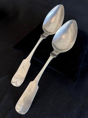 2 Early J C Hanna Antique Coin Silver Spoons