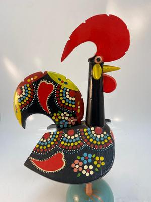 Vintage Made in Portugal Colorfully Painted Wood Rooster Music Box Figurine