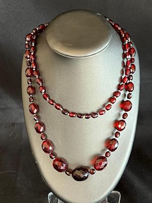 Antique Cherry Amber Beads Necklace Rich Red Faceted