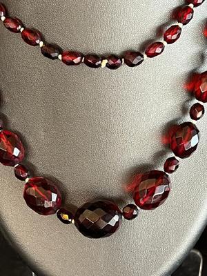 Antique Cherry Amber Beads Necklace Rich Red Faceted