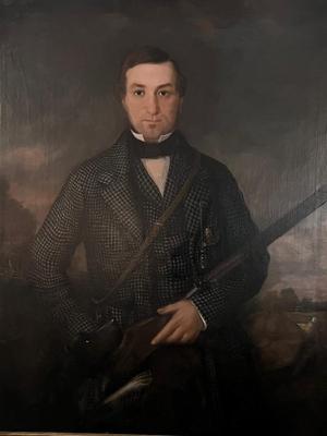 Monumental Folk Art Portrait of a Gentleman Hunter and his dog