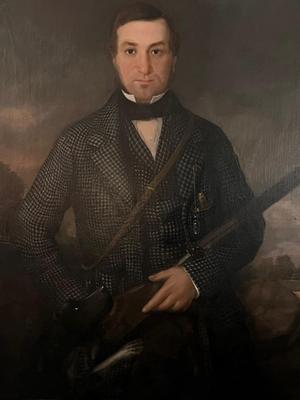 Monumental Folk Art Portrait of a Gentleman Hunter and his dog