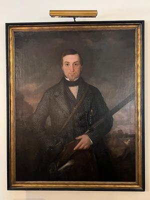 Monumental Folk Art Portrait of a Gentleman Hunter and his dog