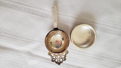 Antique Silverplate tea strainer made in England mother of pearl handle