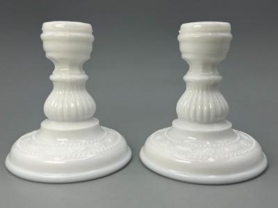 Vintage Kemple Milk Glass Mid Century Beaded Lace and Dewdrop Candle Stick Holders