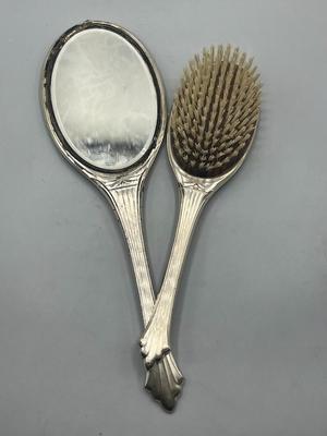 Vintage SLB Sterling Silver Art Deco Mid Century Makeup Hand Mirror & Brush