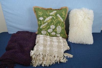 LOT 216. TWO THROW PILLOW S AND TWO THROWS