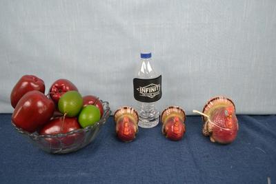 LOT 225 GLASS BOWL, DECORATIVE FRUIT AND TURKEY SALT AND PEPPER SET