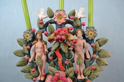 LOT 374. MEXICAN FOLK ART CLAY ADAM AND EVE CLAY STATUE/CANDLE HOLDER