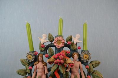 LOT 374. MEXICAN FOLK ART CLAY ADAM AND EVE CLAY STATUE/CANDLE HOLDER