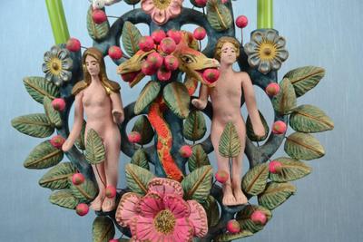 LOT 374. MEXICAN FOLK ART CLAY ADAM AND EVE CLAY STATUE/CANDLE HOLDER