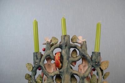 LOT 374. MEXICAN FOLK ART CLAY ADAM AND EVE CLAY STATUE/CANDLE HOLDER