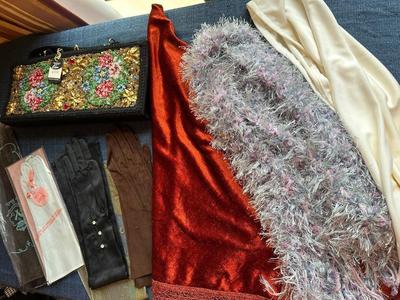 LOT 384.   THREE SHAWLS VINTAGE GLOVES AND PURSE