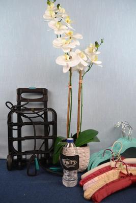 LOT 385. HOME DECOR ARTIFICIAL PLANT, HANGERS AND LUGGAGE CART