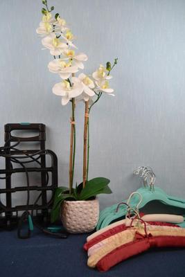 LOT 385. HOME DECOR ARTIFICIAL PLANT, HANGERS AND LUGGAGE CART