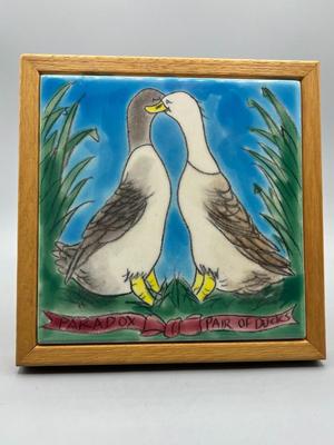 Framed Signed Cute Duck Art Tile Trivet Paradox Pair of Ducks