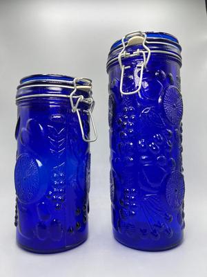Pair of Retro Elements Cobalt Blue Embossed Fruit Sealing Ingredient Glass Jars Rare