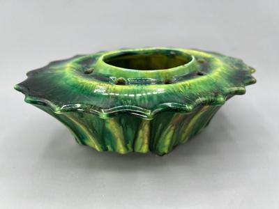Vintage Ceramic Art Green Wood Tree Splatter Flower Frog Stem Flower Holder