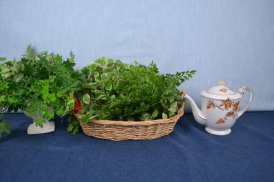 LOT 408. DECORATIVE PLANTS AND TEA POT