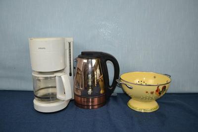LOT 411. KRUPS COFFEE MAKER, ELECTRIC WATER KETTLE AND VINTAGE ROOSTER STRAINER