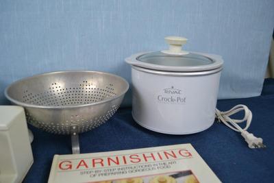 LOT 447. VINTAGE GILCHRIST ICE CREAM SCOOP, CROCK POT, CHOPPER, COOKWARE AND COOKBOOKS