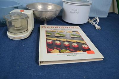LOT 447. VINTAGE GILCHRIST ICE CREAM SCOOP, CROCK POT, CHOPPER, COOKWARE AND COOKBOOKS