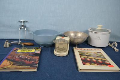 LOT 447. VINTAGE GILCHRIST ICE CREAM SCOOP, CROCK POT, CHOPPER, COOKWARE AND COOKBOOKS