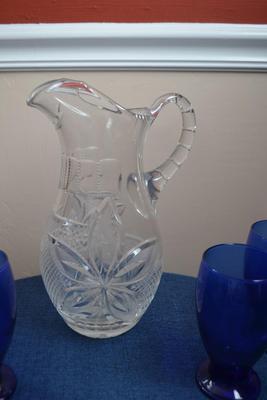 LOT 548 BLUE GLASSWARE WITH CRYSTAL PITCHER
