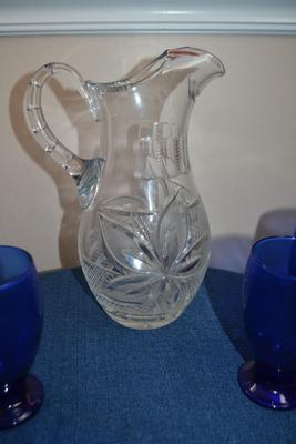 LOT 548 BLUE GLASSWARE WITH CRYSTAL PITCHER