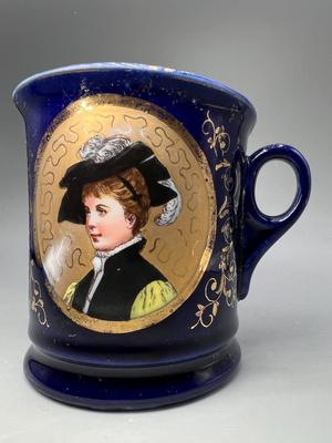 Vintage Hand Painted Porcelain Portrait Woman Hat Plume Gilt Shaving Mug