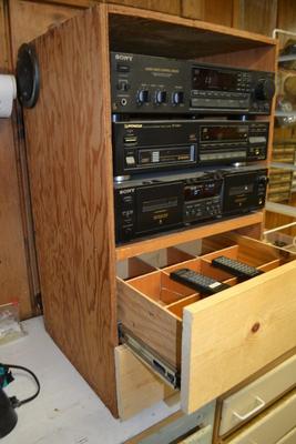 LOT 656. HOMEMADE SELF CONTAINED STEREO BOX WITH DRAWERS AND STEREO GEAR/SPEAKERS