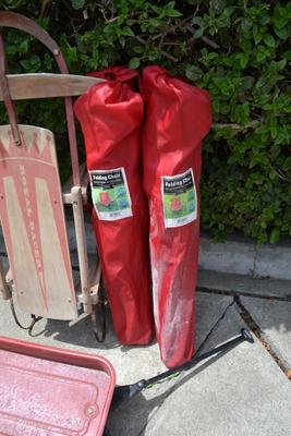 LOT 680. ROYAL RACER SLED, SMALL RADIO FLYER WAGON AND TWO FOLDING CHAIRS
