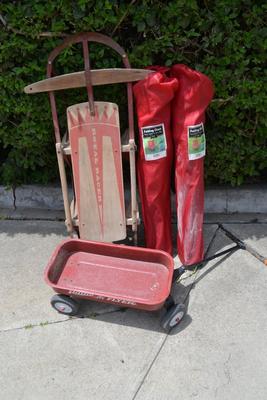 LOT 680. ROYAL RACER SLED, SMALL RADIO FLYER WAGON AND TWO FOLDING CHAIRS