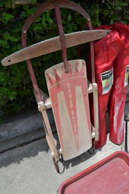 LOT 680. ROYAL RACER SLED, SMALL RADIO FLYER WAGON AND TWO FOLDING CHAIRS