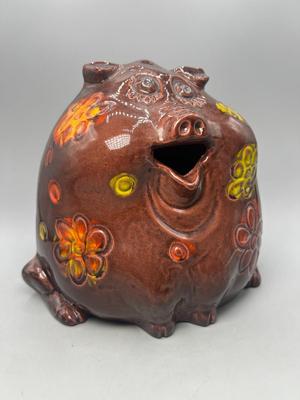 1970 B Welsh Pig Piggy Bank Pacific Stoneware Midcentury Figurine Pottery Brown w Orange & Yellow Flowers