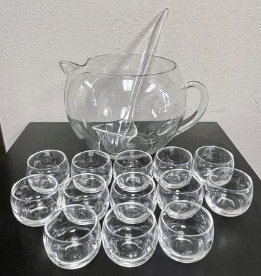 Mid-Century Clear Blown-Glass Punch Bowl with Bubble Shaped Punch cups and clear plastic ladle