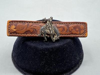 Vintage Cowboy on Horse Mens Fashion Old West Leather Tie Bar