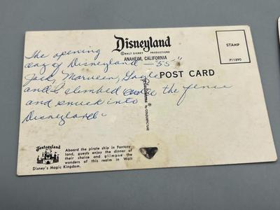 Rare Vintage Opening Day Disneyland Postcard 1955 with fence jumper statement plus other Disney items button ticket keychain
