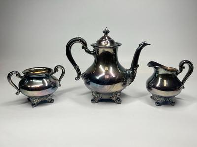 Vintage Reed & Barton 5600 Regent Silverplate Teapot, Creamer, Sugar Fancy Victorian Set