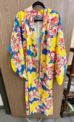 Very Colorful Vintage Kimono Possibly hand-made with Sash Red Yellow Blue White Green