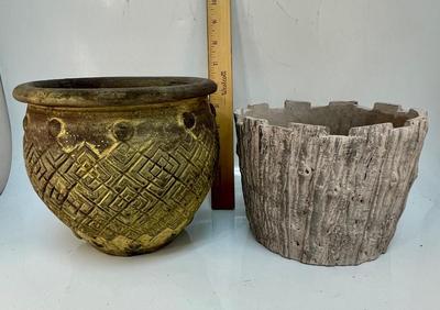 Pair of Vintage Rustic Pottery Plaster Garden Planter Pots Mid Century Faux Wood Barrel