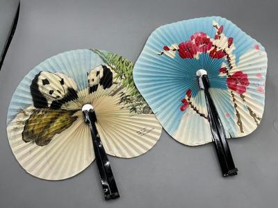Pair of Chinese Folding Hand Fans Panda Bears Cherry Flower Blossoms