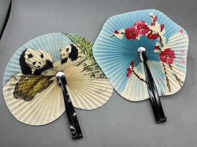 Pair of Chinese Folding Hand Fans Panda Bears Cherry Flower Blossoms